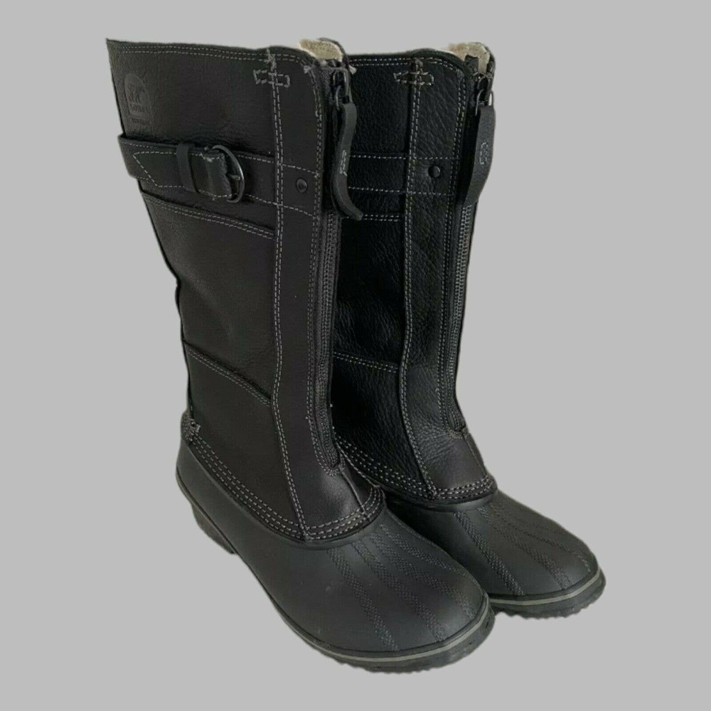 Sorel Winter Fancy Tall Women's SZ 8 Black Leather Boots NL2136-010 Zip Front